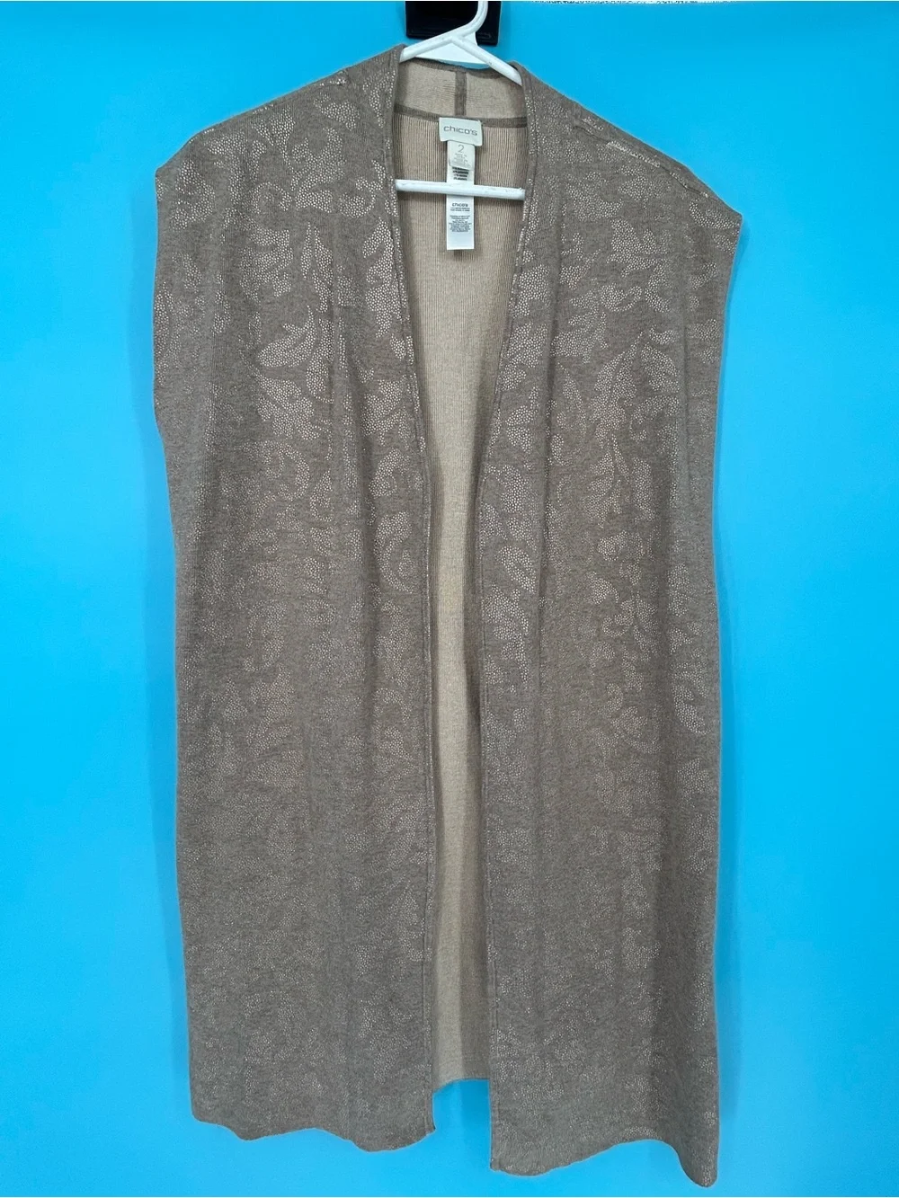Chico's Metallic Taupe Open-Front Knit Vest